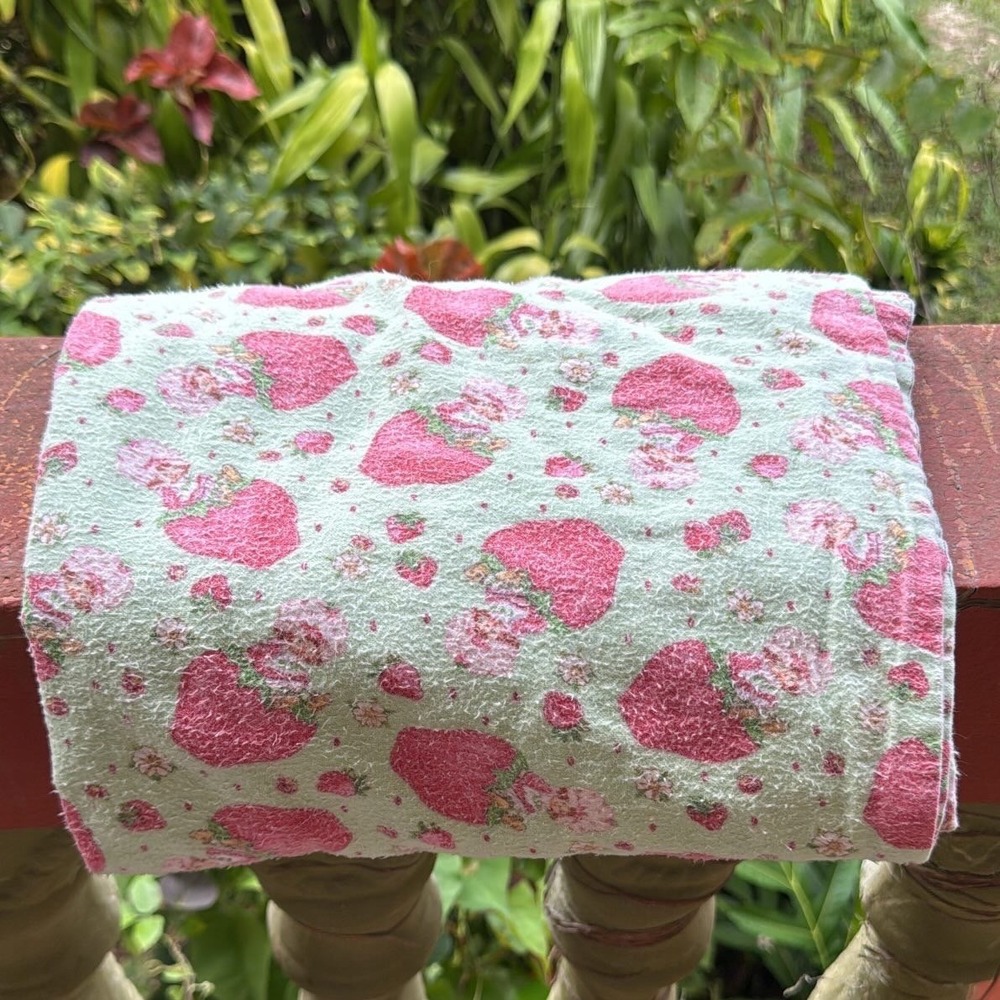 Vintage 2003 Strawberry Shortcake Green Flannel Blanket 43x32 Double Layer